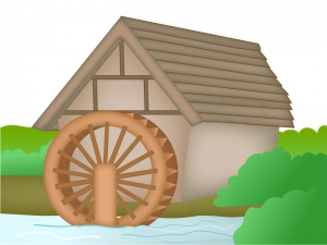 田舎の水車がある風景のイラスト イラスト無料 かわいいテンプレート
