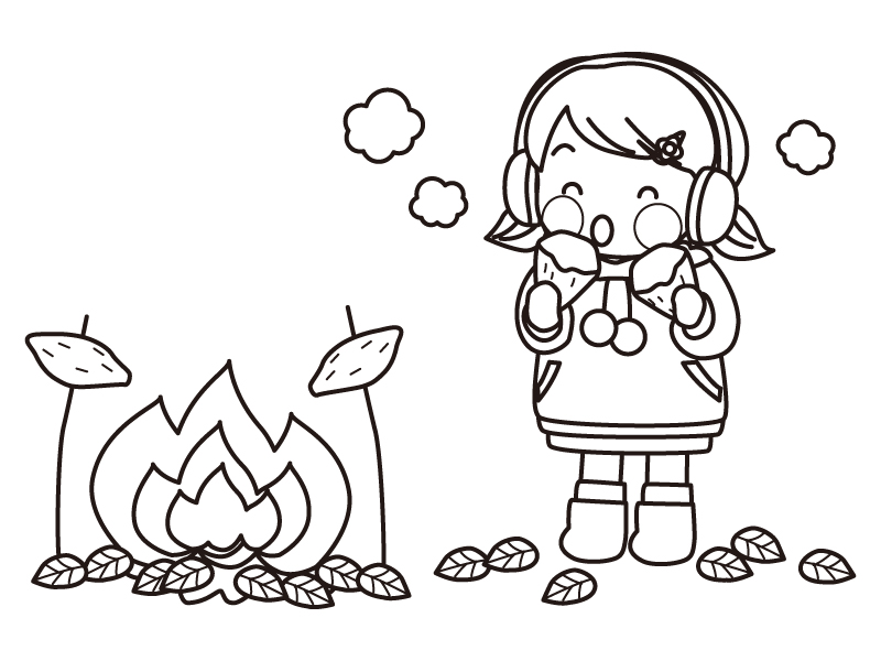 たき火と焼き芋を食べる子供のぬりえ 線画 イラスト素材 イラスト無料 かわいいテンプレート
