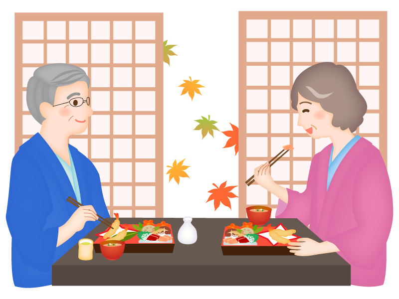 紅葉と旅館で食事する老夫婦のイラスト