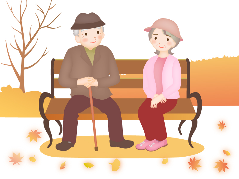 秋の公園でベンチに座る老夫婦のイラスト イラスト無料 かわいいテンプレート