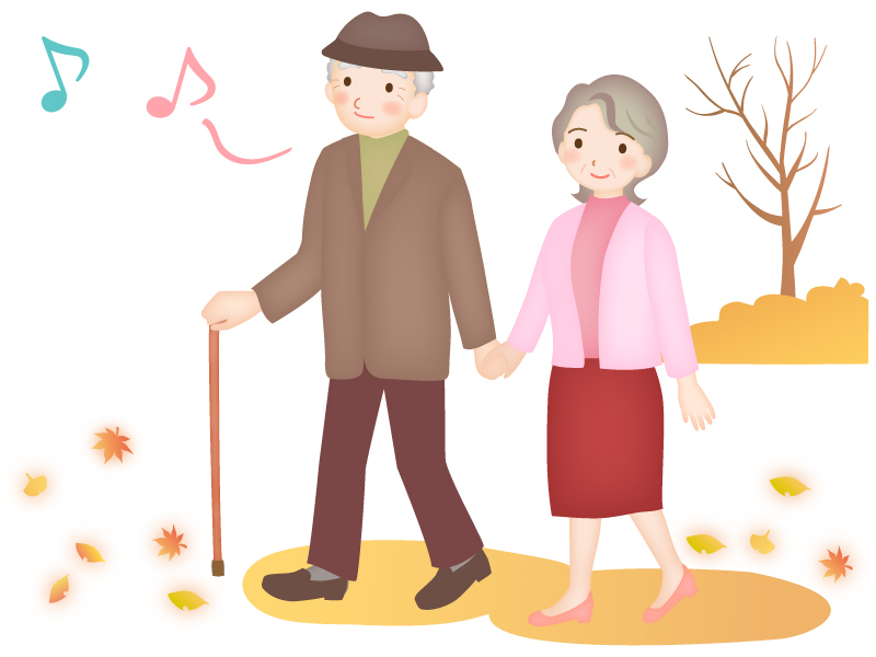 秋の公園で散歩をする老夫婦のイラスト イラスト無料 かわいいテンプレート