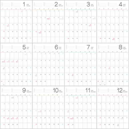 シンプルなデザインの2026年（令和8年）1月～12月の無料の年間カレンダー