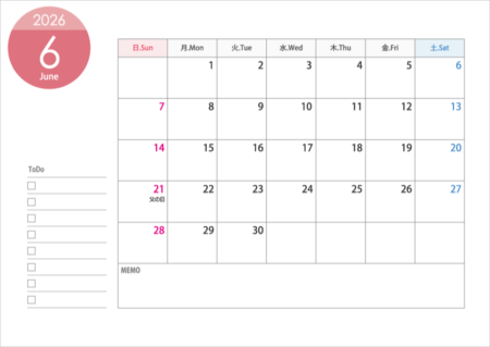 A4横・2026年6月（令和8年）カレンダー・印刷用